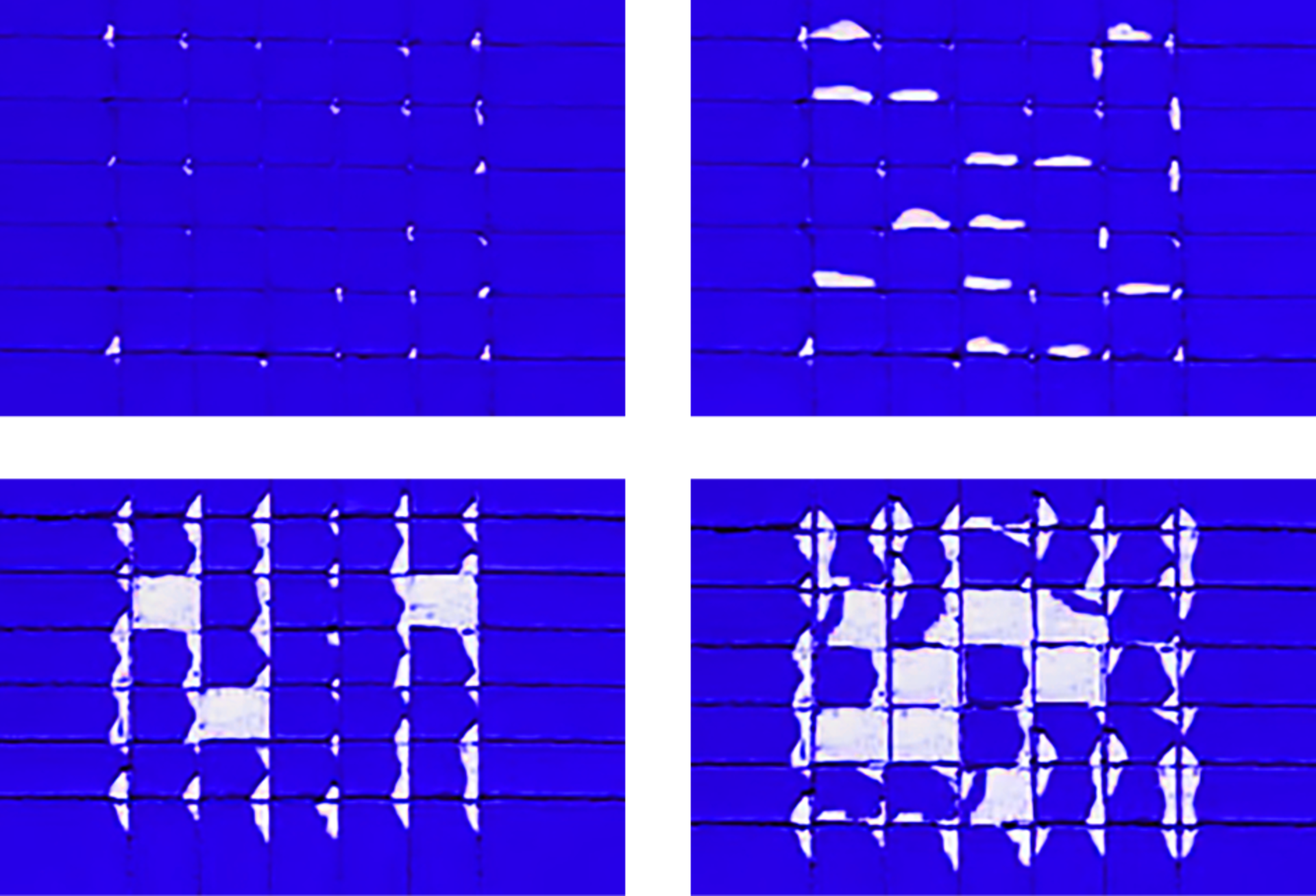 Various cut grids after removal of the adhesive tape in crosshatch tests. Based on the proportion of the coating that has been removed, the tester assigns a rating according to standardized criteria. Various cut grids after removal of the adhesive tape in crosshatch tests. Based on the proportion of the coating that has been removed, the tester assigns a rating according to standardized criteria.